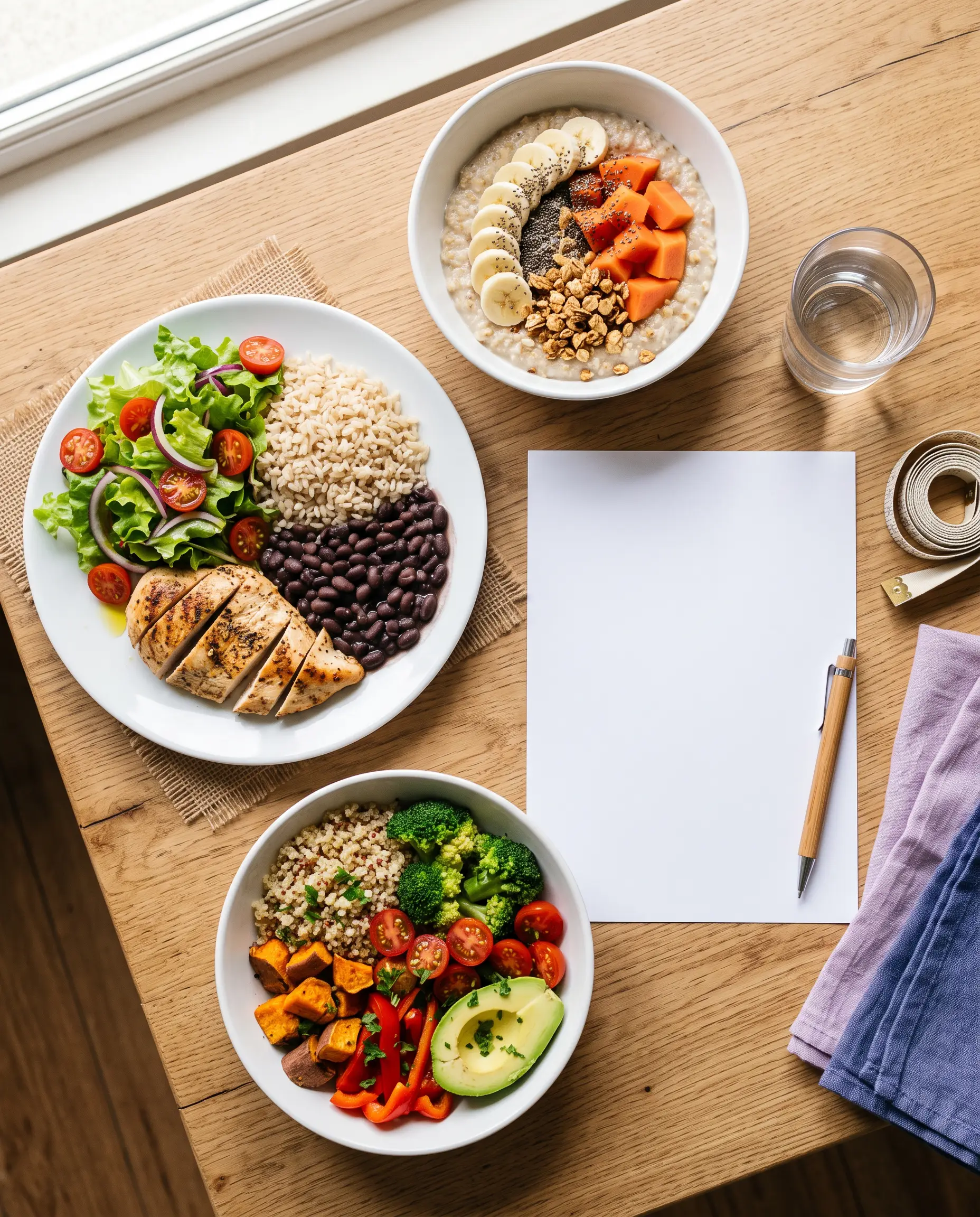 Mesa com refeições equilibradas e plano alimentar impresso ao lado, ilustrando as especialidades da nutrição