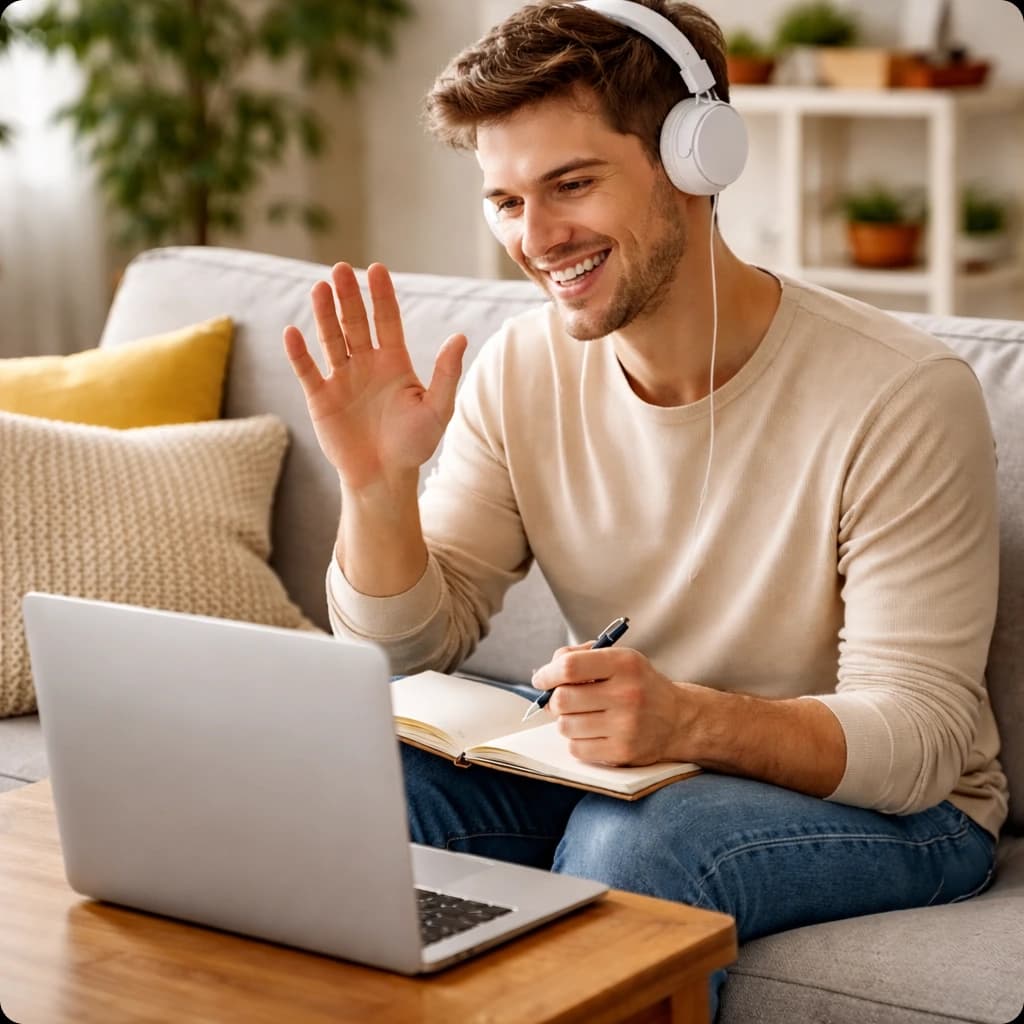 Homem conversa por videochamada com notebook e fones de ouvido